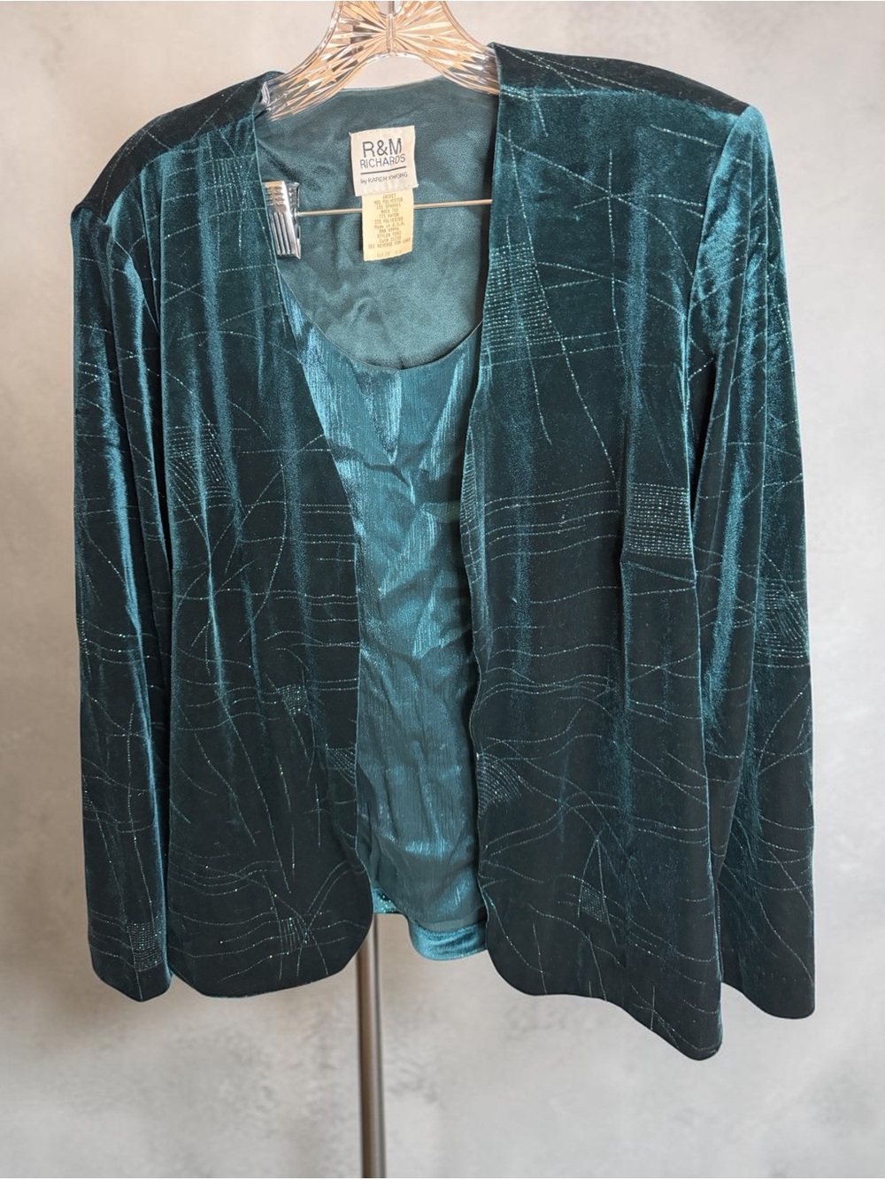 Vintage R&M Richards Teal Velvet Open-Front Blazer with Subtle Stitching